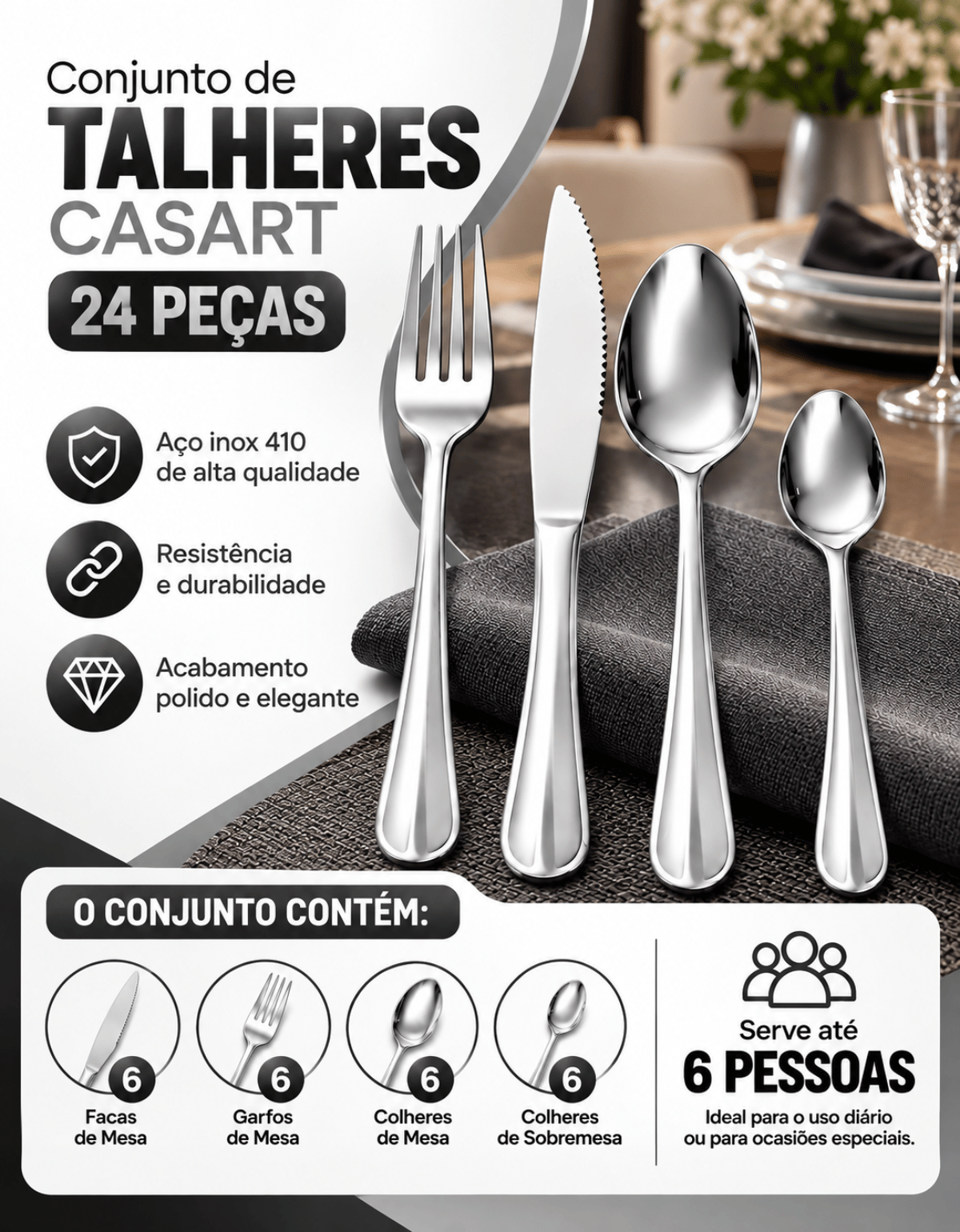 Conjunto De Talheres Casart 24 Peças Em A...